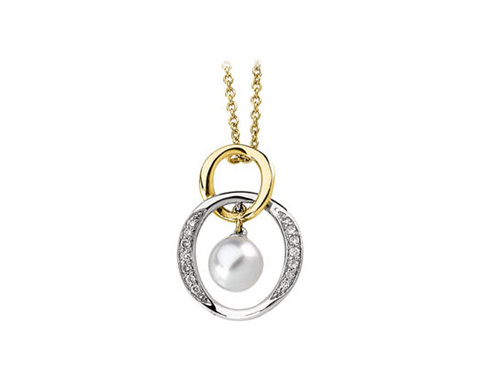 14k Yellow and White Gold Pave Set 7.5mm Akoya Pearl Pendant 